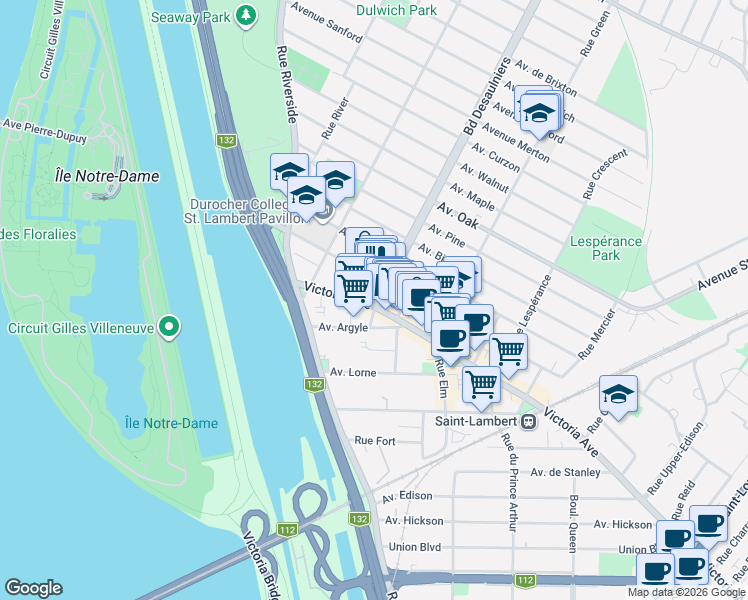 map of restaurants, bars, coffee shops, grocery stores, and more near 2 Boulevard Desaulniers in Saint-Lambert
