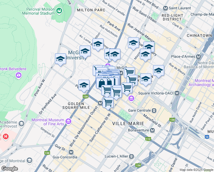 map of restaurants, bars, coffee shops, grocery stores, and more near 1800 Avenue McGill College in Montréal