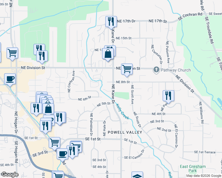 map of restaurants, bars, coffee shops, grocery stores, and more near 3175 Northeast 7th Court in Gresham