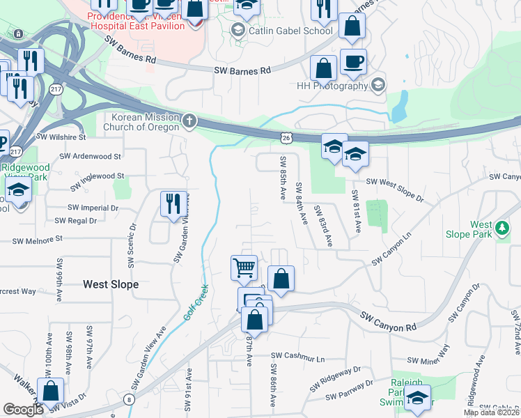 map of restaurants, bars, coffee shops, grocery stores, and more near 2390 SW 87th Ave in Portland
