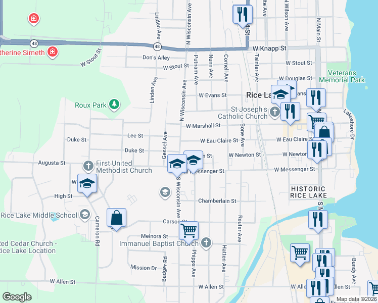 map of restaurants, bars, coffee shops, grocery stores, and more near 611 West Newton Street in Rice Lake