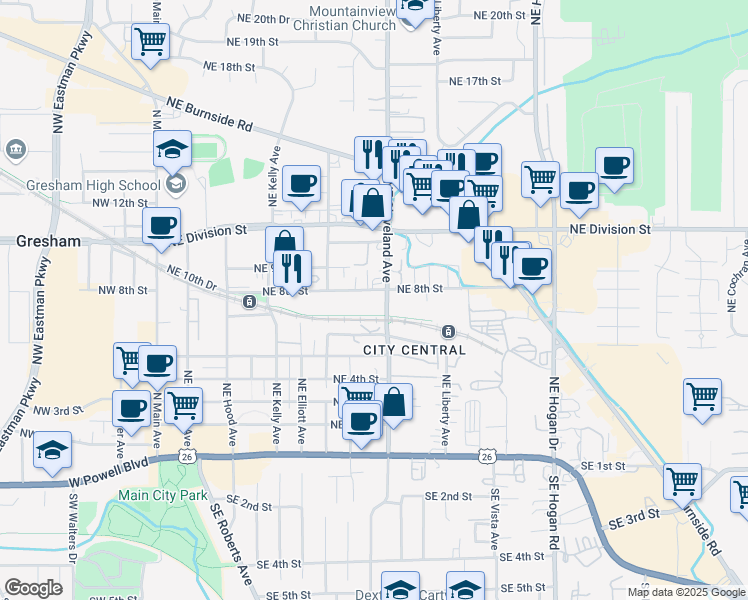 map of restaurants, bars, coffee shops, grocery stores, and more near 876 Northeast 8th Street in Gresham