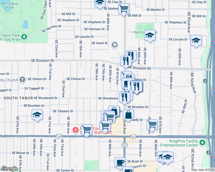 map of restaurants, bars, coffee shops, grocery stores, and more near 7921-7923 Southeast Taggart Court in Portland