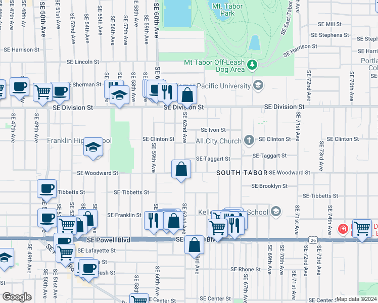 map of restaurants, bars, coffee shops, grocery stores, and more near 2813 Southeast 62nd Avenue in Portland