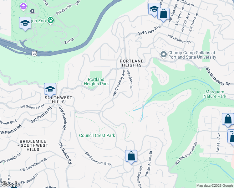 map of restaurants, bars, coffee shops, grocery stores, and more near 2710 Southwest Talbot Road in Portland
