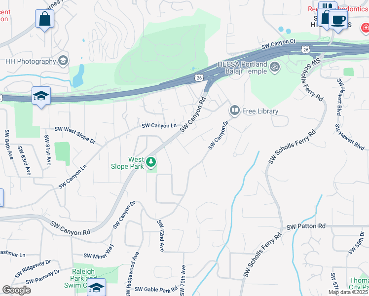 map of restaurants, bars, coffee shops, grocery stores, and more near 7020 Southwest Canyon Crest in Portland