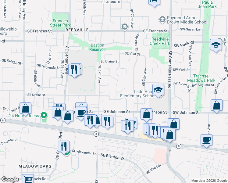 map of restaurants, bars, coffee shops, grocery stores, and more near 2195 Southeast Glendale Court in Hillsboro
