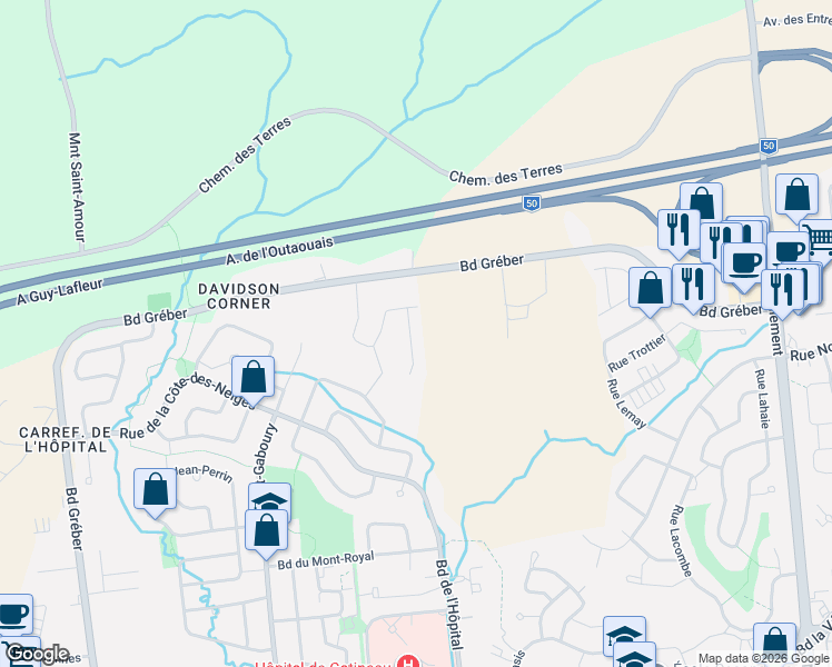 map of restaurants, bars, coffee shops, grocery stores, and more near 27 Impasse de l'Esplanade in Gatineau