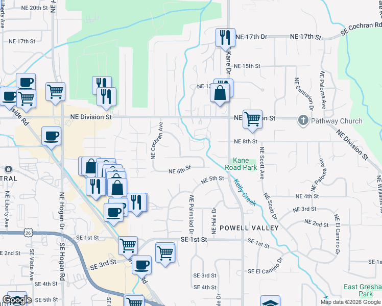 map of restaurants, bars, coffee shops, grocery stores, and more near 2879 Northeast 7th Street in Gresham