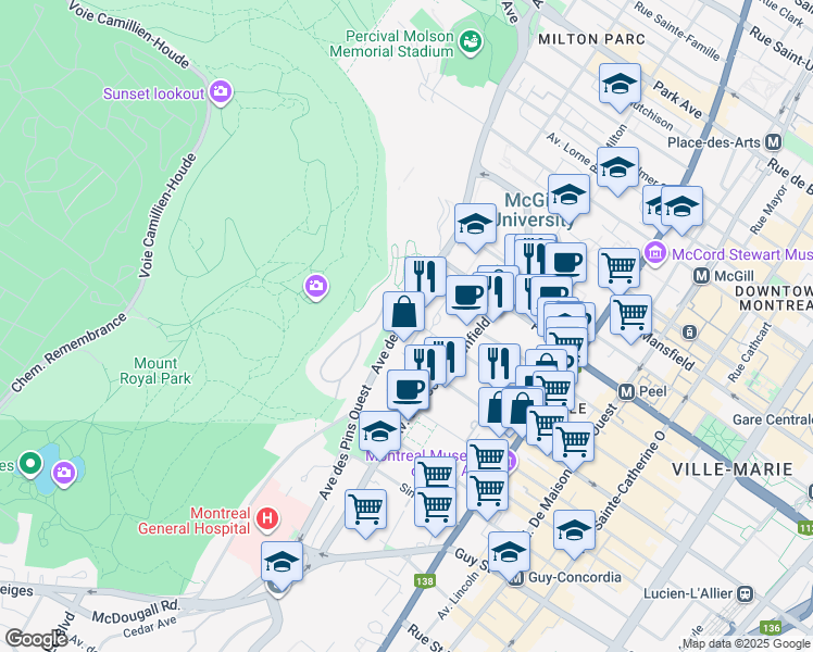 map of restaurants, bars, coffee shops, grocery stores, and more near 1212 Avenue des Pins Ouest in Montréal