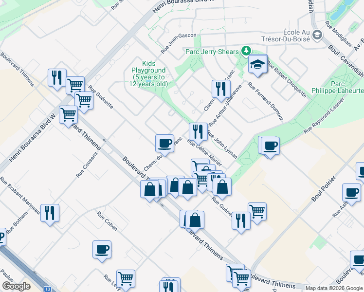 map of restaurants, bars, coffee shops, grocery stores, and more near 4002 Chemin du Bois-Franc in Montréal