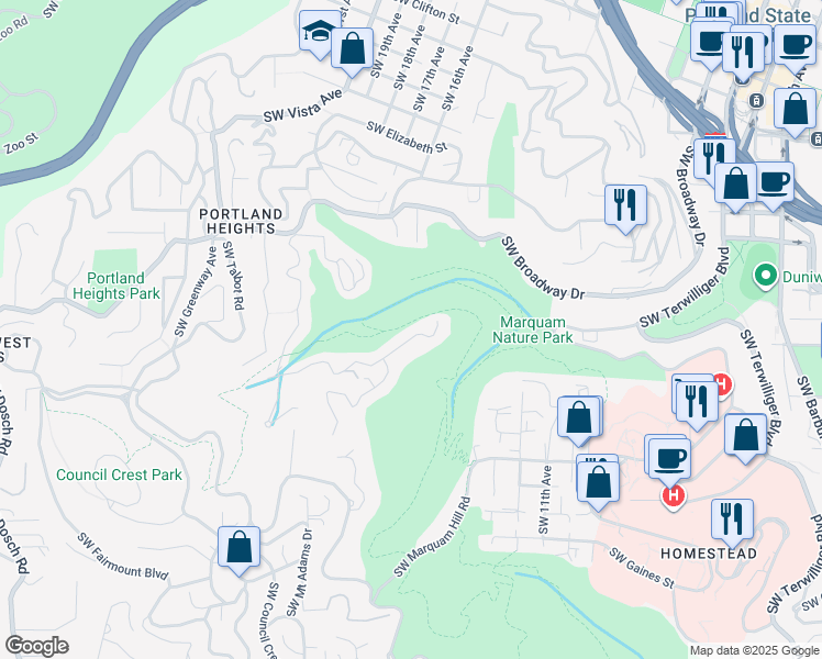 map of restaurants, bars, coffee shops, grocery stores, and more near 2744 Southwest Sherwood Drive in Portland