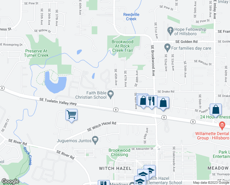 map of restaurants, bars, coffee shops, grocery stores, and more near 4500 Southeast Frewing Road in Hillsboro