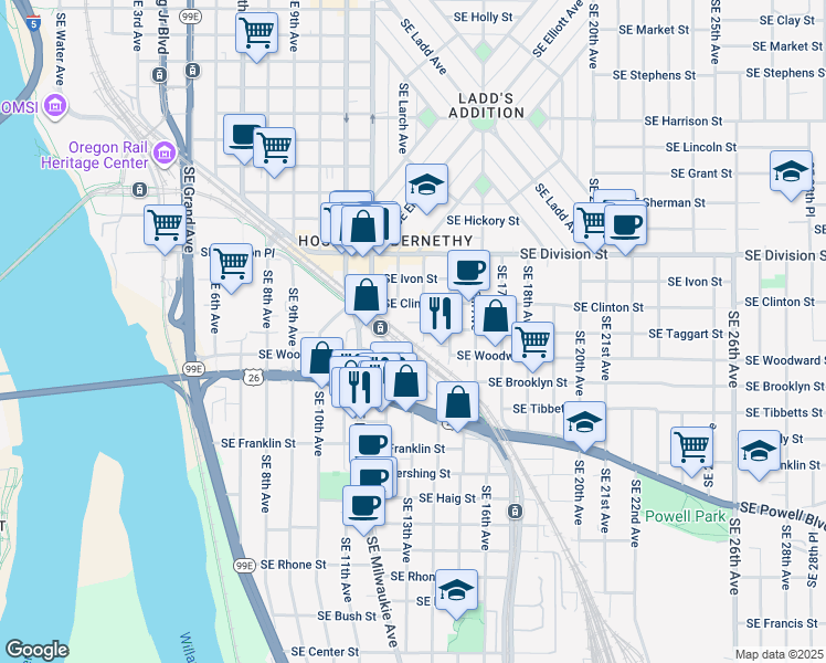 map of restaurants, bars, coffee shops, grocery stores, and more near Southeast 14th Avenue in Portland