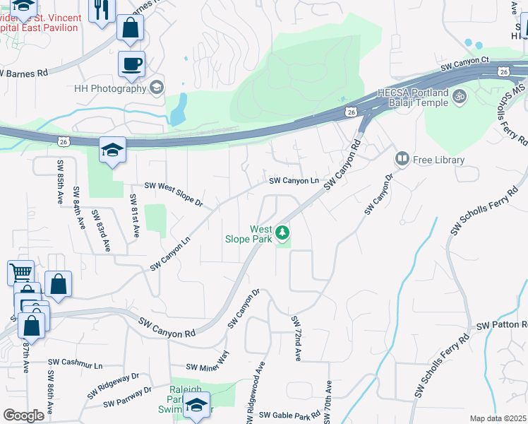 map of restaurants, bars, coffee shops, grocery stores, and more near 7260 Southwest Benz Park Drive in Portland