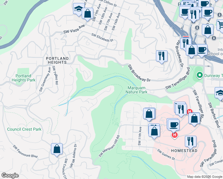 map of restaurants, bars, coffee shops, grocery stores, and more near 2779 Southwest Sherwood Drive in Portland