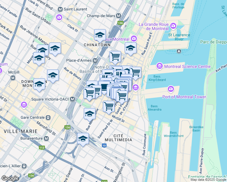 map of restaurants, bars, coffee shops, grocery stores, and more near 455 Rue Saint-Jean in Montréal