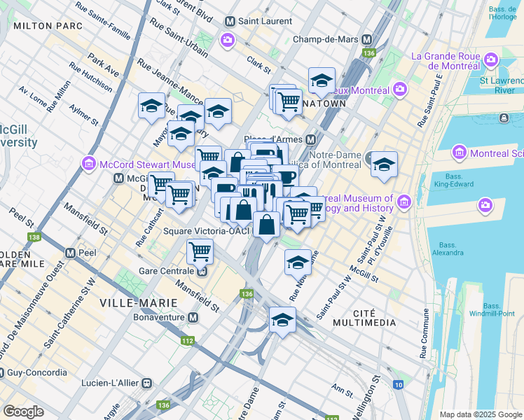 map of restaurants, bars, coffee shops, grocery stores, and more near in Montreal