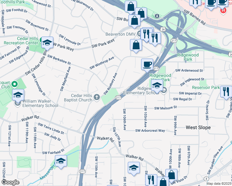map of restaurants, bars, coffee shops, grocery stores, and more near 10690 Southwest Berkshire Street in Portland