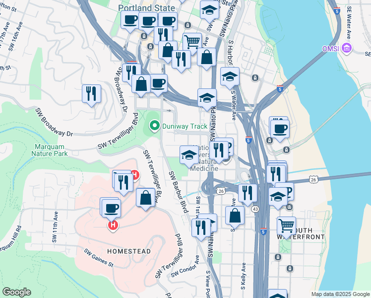 map of restaurants, bars, coffee shops, grocery stores, and more near 212 Southwest Meade Street in Portland