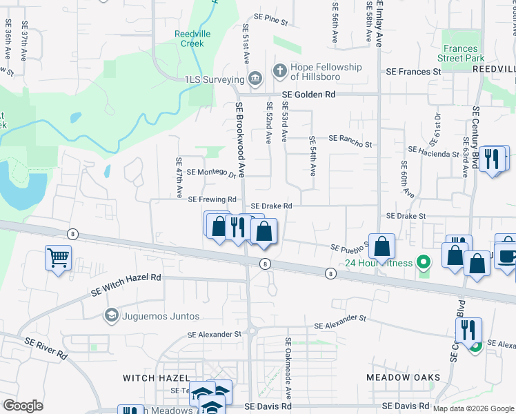 map of restaurants, bars, coffee shops, grocery stores, and more near 5170 Southeast Drake Road in Hillsboro