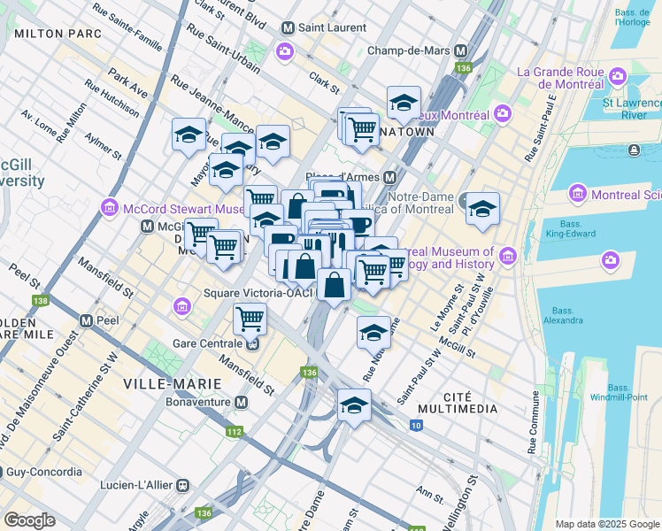 map of restaurants, bars, coffee shops, grocery stores, and more near 445 Viger Avenue W in Montreal