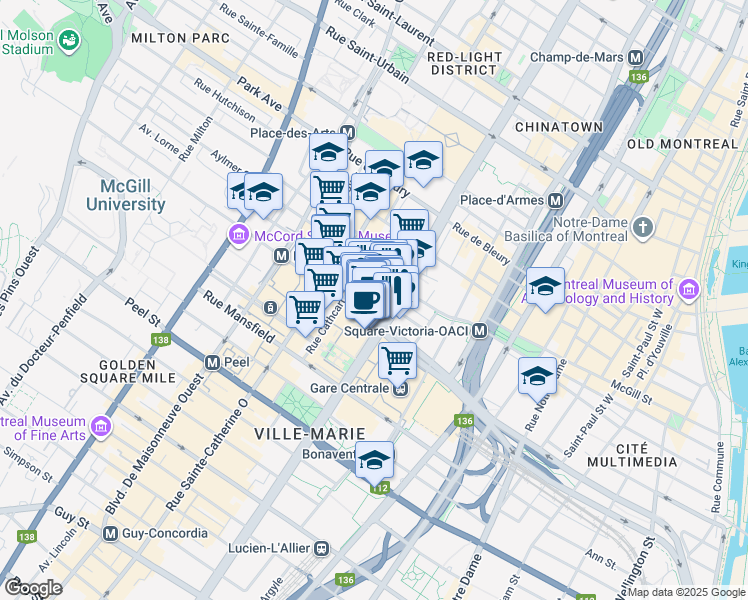 map of restaurants, bars, coffee shops, grocery stores, and more near in Montreal