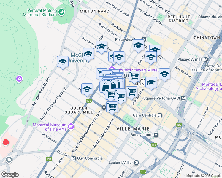 map of restaurants, bars, coffee shops, grocery stores, and more near in Montreal