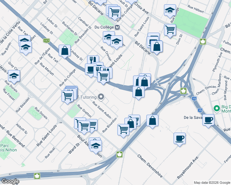 map of restaurants, bars, coffee shops, grocery stores, and more near 1900 Rue Suzanne-Coallier in Montréal
