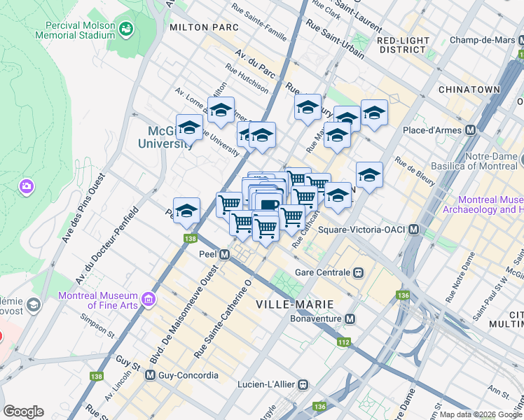 map of restaurants, bars, coffee shops, grocery stores, and more near 1801 Avenue McGill College in Montréal