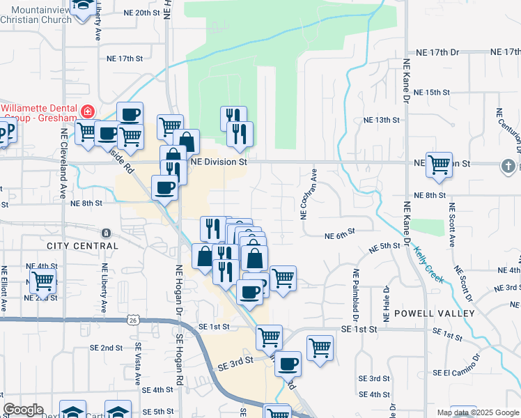 map of restaurants, bars, coffee shops, grocery stores, and more near 2312 Northeast 7th Court in Gresham