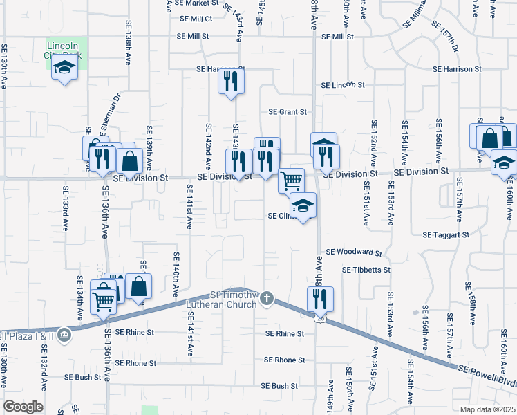 map of restaurants, bars, coffee shops, grocery stores, and more near 2715 Southeast 145th Avenue in Portland