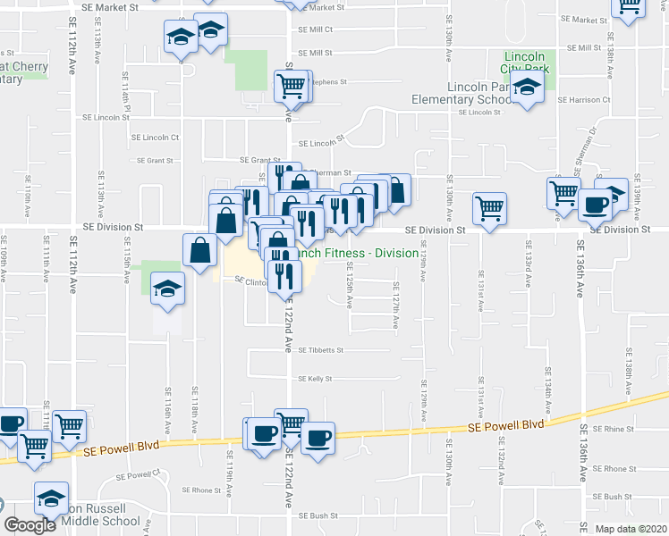 map of restaurants, bars, coffee shops, grocery stores, and more near 2729 Southeast 125th Avenue in Portland