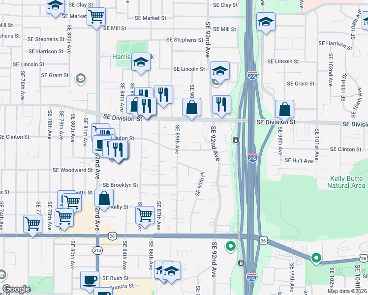 map of restaurants, bars, coffee shops, grocery stores, and more near 8930 Southeast Clinton Street in Portland