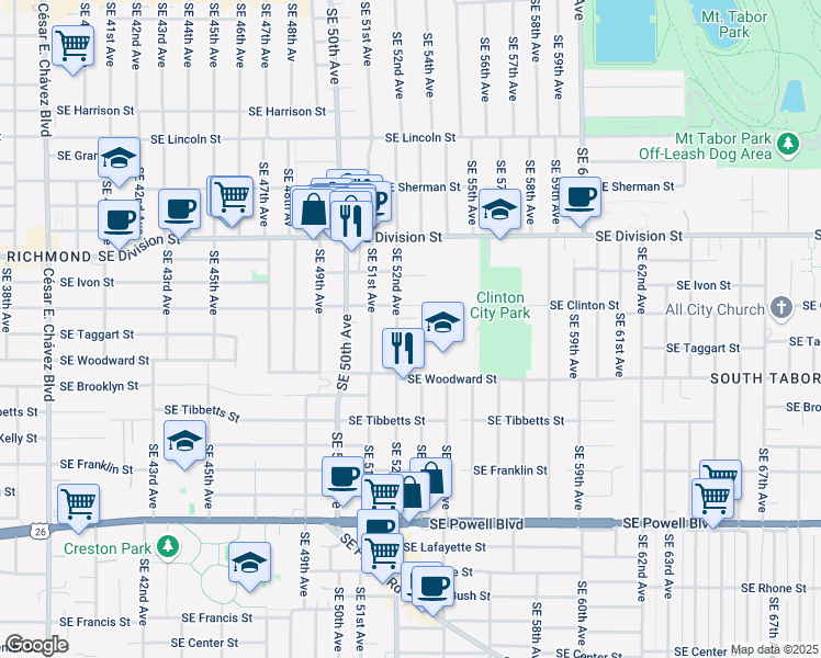 map of restaurants, bars, coffee shops, grocery stores, and more near 2758 Southeast 52nd Avenue in Portland