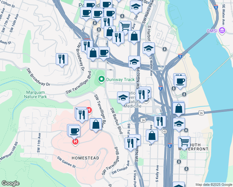 map of restaurants, bars, coffee shops, grocery stores, and more near 235 South Hooker Street in Portland