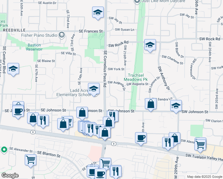 map of restaurants, bars, coffee shops, grocery stores, and more near 2372 Southwest 218th Drive in Beaverton