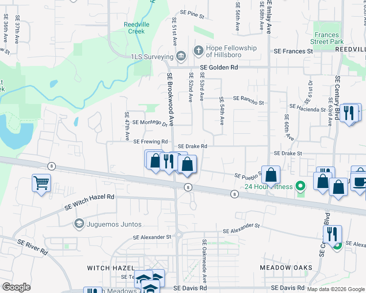 map of restaurants, bars, coffee shops, grocery stores, and more near 5170 Southeast Drake Road in Hillsboro