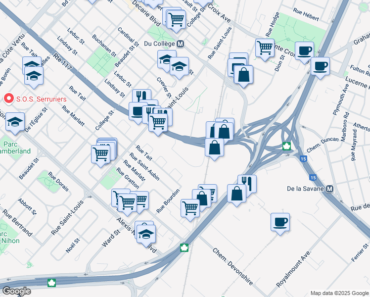 map of restaurants, bars, coffee shops, grocery stores, and more near 250 Boulevard Marcel-Laurin in Montréal