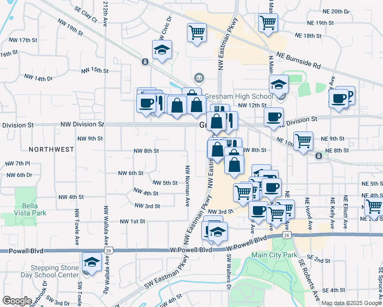 map of restaurants, bars, coffee shops, grocery stores, and more near 740 Northwest Norman Avenue in Gresham