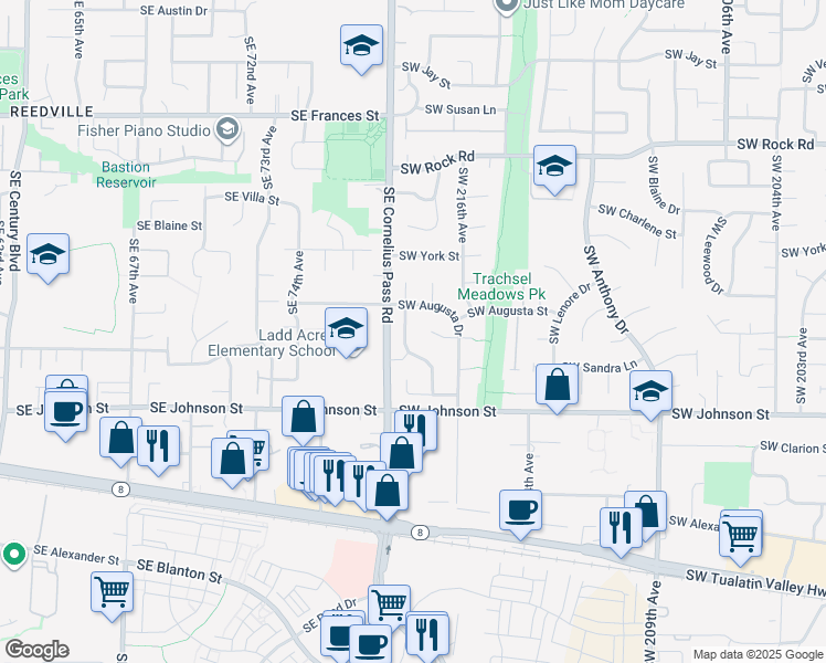 map of restaurants, bars, coffee shops, grocery stores, and more near 2372 Southwest 218th Drive in Beaverton