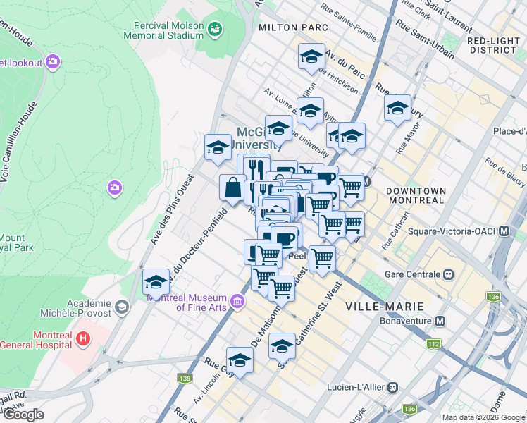 map of restaurants, bars, coffee shops, grocery stores, and more near 3453 Rue Peel in Montrã©Al