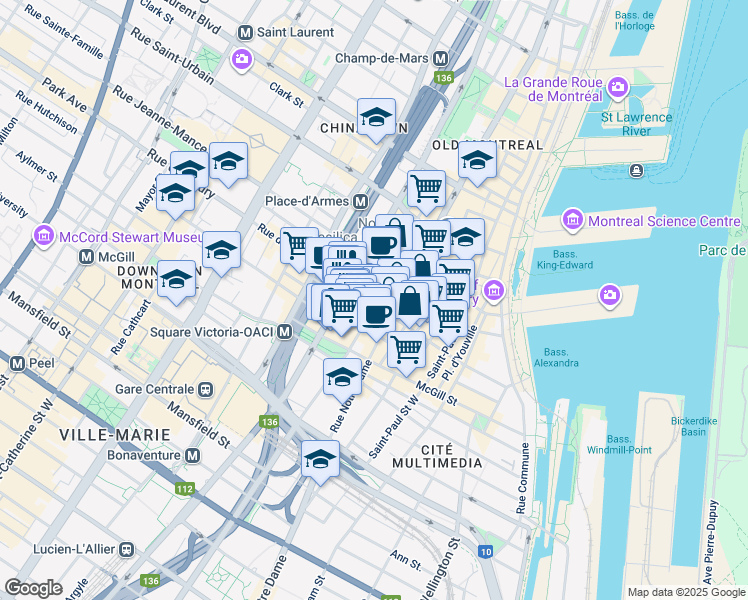 map of restaurants, bars, coffee shops, grocery stores, and more near in Montreal