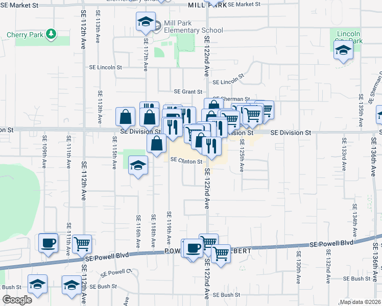 map of restaurants, bars, coffee shops, grocery stores, and more near 12122 Southeast Division Street in Portland