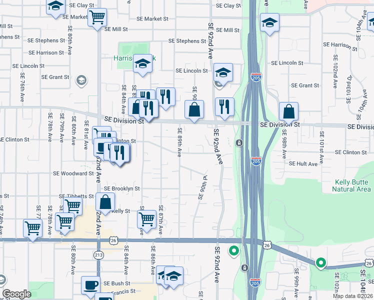 map of restaurants, bars, coffee shops, grocery stores, and more near 8930 Southeast Clinton Street in Portland