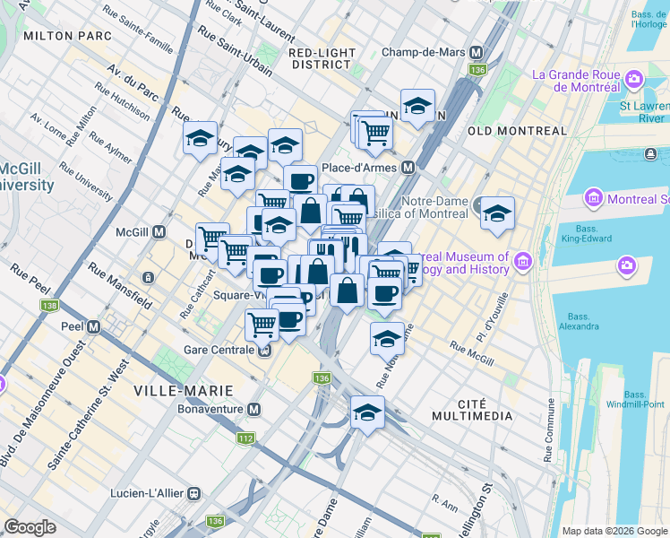 map of restaurants, bars, coffee shops, grocery stores, and more near 445 Avenue Viger Ouest in Montréal