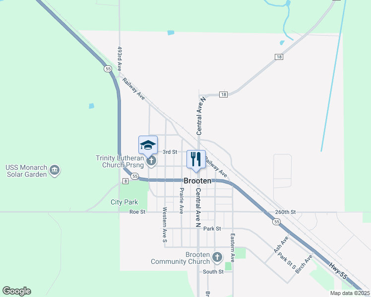 map of restaurants, bars, coffee shops, grocery stores, and more near 240 Prairie Avenue in Brooten