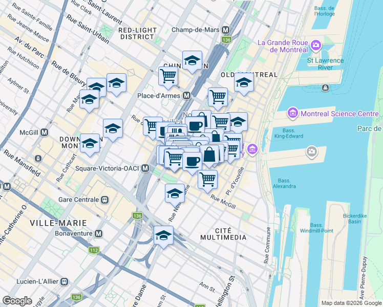 map of restaurants, bars, coffee shops, grocery stores, and more near 363 Rue Saint-Jacques in Montréal