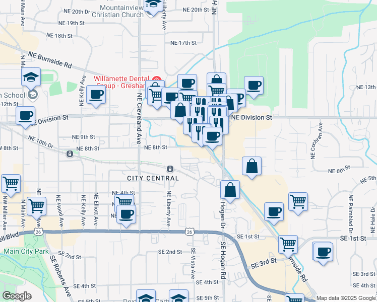 map of restaurants, bars, coffee shops, grocery stores, and more near 1584 Northeast 8th Street in Gresham