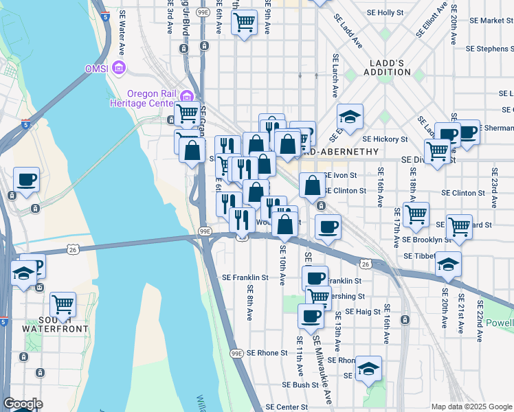 map of restaurants, bars, coffee shops, grocery stores, and more near 2826 Southeast 8th Avenue in Portland